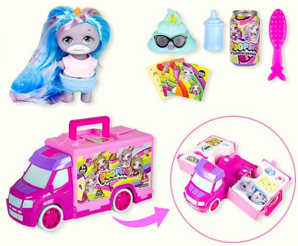 P00psie unicorn transformable bus with doll and accessories